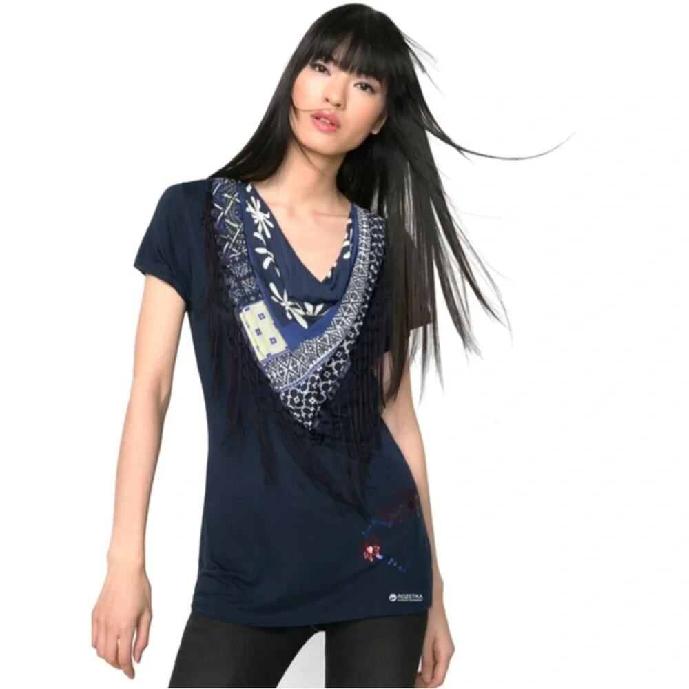 DESIGUAL Blue Scarf Tassel Neck Fringe T-Shirt Sz S Boho-Chic Cowgirl Unique